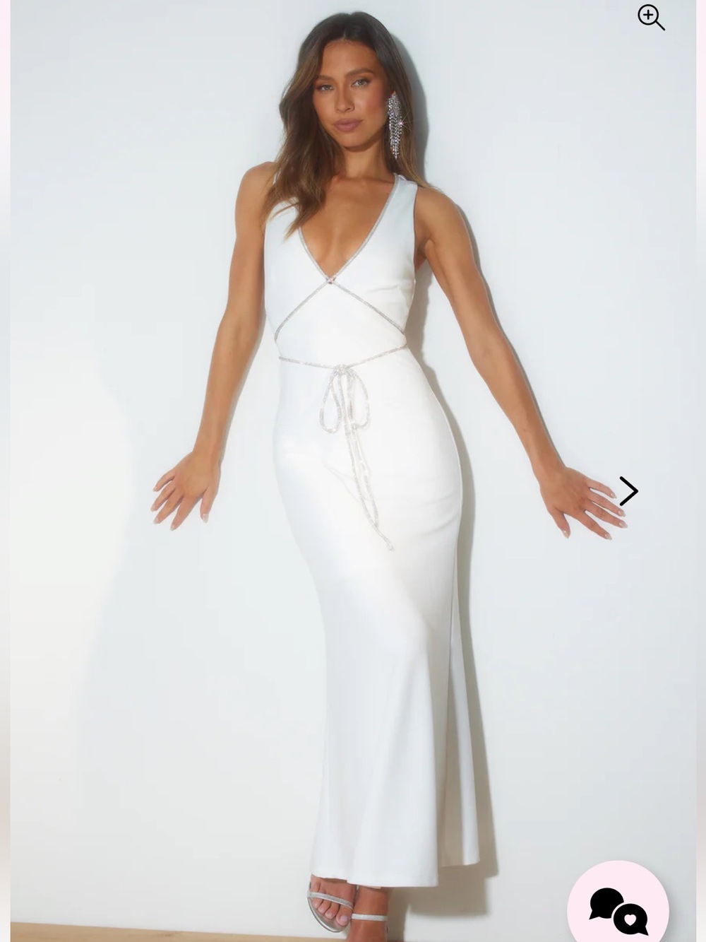 Hello Molly White V-Neck Maxi Dress with Rhinestone Tie